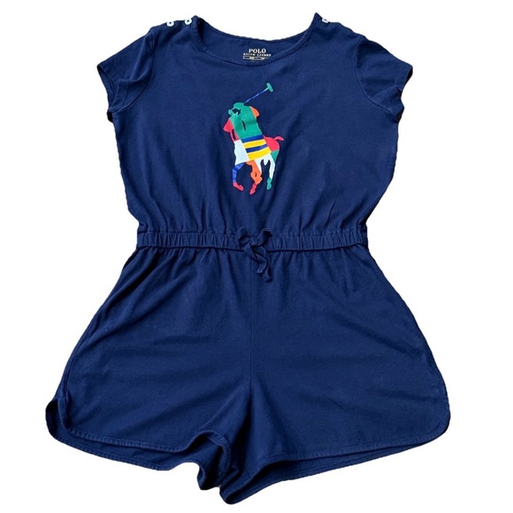 Polo Ralph Lauren Other - Polo Ralph Lauren Girls Navy Blue Cotton Jersey Pony Romper Girls M 8-10